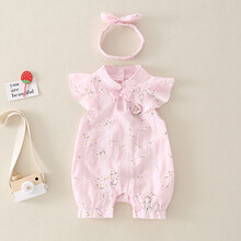 Disney/迪士尼同款新生儿婴儿夏装衣服女宝宝连体衣夏季薄款中国风满月公主女婴哈衣 粉红色(MH2349) 66码【0-3月】收藏加购 送运费险