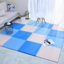 婴儿防摔垫铺地 爬爬垫拼接婴儿夏季铺地可拆洗泡沫板儿童加厚家用防摔垫子地垫 米+浅蓝+深蓝 圆叶纹30x30x1.2cm【16片】无异味