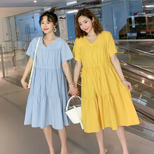 南叮雅格孕妇连衣裙2021夏装新款大码200斤宽松遮肚子潮妈时尚中长款短袖孕妇裙子 蓝色 L