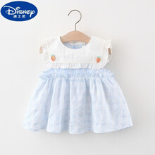 迪士尼夏季新款韩版童装女小童无袖连衣裙夏季婴幼儿童女宝宝草莓格子公主裙子潮 蓝色 73CM