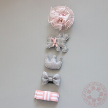 宝宠派 狗狗头饰装扮5件套装约克夏蝴蝶结发饰狗狗泰迪发夹子发卡 粉灰色套组