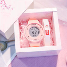 儿童手表女孩中小学生韩版可爱少女指针式卡通电子石英表 运动款礼盒套装-粉色