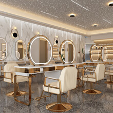 不锈钢大理石理发店镜台柜子一体美发店潮店美发镜子发廊专用 金色 双面四人位 大半圆镜 不锈钢大理石 官方标配