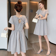 莎纤韵 孕妇夏装怀孕期宽松显瘦百褶格子裙时尚外出哺乳裙夏季潮妈连衣裙 格子 L