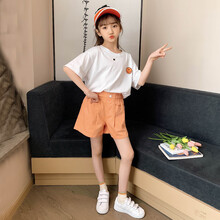BOBSVS女童印花笑脸套装夏装儿童网红洋气2021新款时髦运动大童装女孩夏季衣服潮 白T+橘色套装 120cm