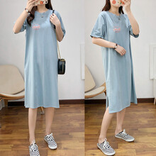 木宸 孕妇装夏装2021新款短袖上衣韩版宽松哺乳衣外出春夏季潮妈时尚中长款哺乳连衣裙 浅蓝色 L（适合100-120斤）