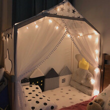 高颜值儿童帐篷定制分床神器室内女孩男孩睡觉家用小房子超大游戏屋蚊帐 深度80*门宽160*高145 棉垫星灯彩旗
