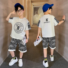芭乐彩童装男童套装儿童夏季字母碎花短袖T恤短裤两件套小男孩中大童韩版时尚休闲装 白色 160(建议身高150厘米左右)
