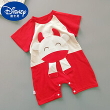 迪士尼婴儿夏季连体衣男女宝宝纯棉短袖哈衣新生儿夏天薄款外出服半袖 小牛半袖连体衣红色 66 【2-4个月】