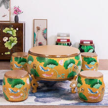 舒弗（LACHOUFFE）中式茶几圆形仿古实木彩绘牛皮鼓凳茶桌组合客厅多功能创意家具 A11(荷花图案) 组装