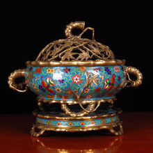 景泰藍 銅胎掐絲琺瑯彩牡丹紋香爐 香道具 骨董品 金丹青》手工胎掐絲琺瑯景泰藍香爐純紫銅大碗薰香爐藝術品擺件