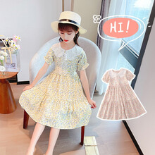 未来搭档童装女童连衣裙2021夏季新款儿童中大童裙子女孩短袖荷叶边碎花裙子韩版潮 黄色 130码建议身高120cm左右