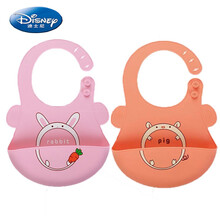 迪士尼/Disney 小朋友用的硅胶饭兜婴儿宝宝吃饭围兜防水儿童围嘴饭兜食饭兜小孩口水兜柔软 橙色小猪+粉色小兔