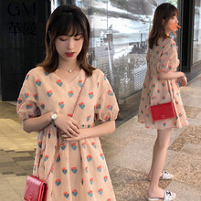 革曼 孕妇装夏装2021新款潮妈遮孕肚女装洋气V领孕妇连衣裙时尚款孕妈妈夏天裙子 图片色 M