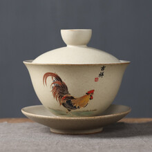 忆亨 粗陶盖碗鸡缸杯陶泥陶瓷功夫茶具盖碗套装办公室泡茶家用 吉星高照-盖碗150ml