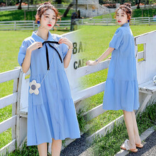 孕妇装夏装连衣裙时尚款上衣潮妈中长款孕妇裙夏季夏天孕妇裙子 蓝色--单件裙子 M