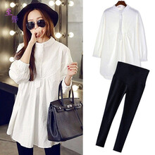 孕妇装上衣2021春装潮妈宽松衬衣中长款长袖孕妇衬衫连衣裙两件套 白色上衣+黑色裤 L