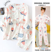 春秋棉纱布月子服夏季薄款产后喂奶产妇哺乳吸汗5月份6孕妇睡衣 白色西瓜V领 L【115-135斤】