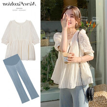 芷玥 孕妇装套装夏季夏款孕妇套装孕妇两件套外出外穿宽松大码孕妈装 杏白色上衣 M