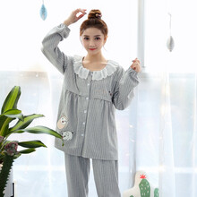 卡拉卡蒙春秋季纯棉长袖月子服孕妇大码开衫睡衣产后哺乳喂奶衣韩版家居服1901 1903灰条小猪开衫 3XL码（160-180斤）