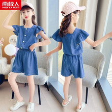 南极人童装女儿童套装夏装2021新款中大童韩版时尚牛仔短袖上衣洋气两件套小女孩夏季衣服3-12岁 图片色 110