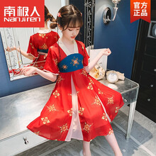 南极人℘旗舰官方店℘ 女童汉服连衣裙夏装2021夏季新款儿童刺绣公主裙中大童民族风裙子 红色 130cm