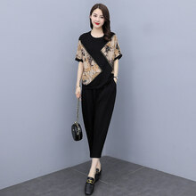 利蝶高档轻奢品牌棉麻套装女夏2021年新款减龄时尚休闲冰丝两七分哈伦裤潮 黄花 M   (106-115斤)
