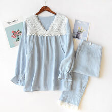 夏天月子服夏季薄款棉纱布产妇产后孕妇睡衣坐月子春季哺乳衣期 绉布套头V领蓝色 M码(建议100-125斤)