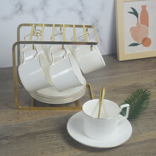 莲泽欧式陶瓷咖啡杯碟套装金边创意高档咖啡具家用陶瓷杯子办公水杯带勺子收纳架子送礼 【金边宫廷】6杯+6碟+6勺+金色U型金架