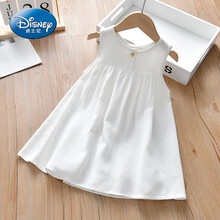 迪士尼(Disney)品牌童装 女童连衣裙夏季洋气纯色无袖背心裙子2021新款宝宝韩版亚麻棉裙子 白色一粒扣纯色裙子 90cm.