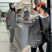 MUMUCREAN孕妇装夏装套装时尚新款外穿短袖孕妇上衣休闲托腹裤春夏孕妈装春秋 黑白条纹【单上衣】 XL