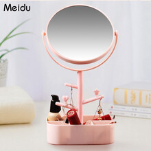美杜meidu 镜子化妆镜带灯带放大镜LED桌面梳妆镜三色补光镜寝室卧室台式镜子带首饰盒置物盘礼物 双面镜带收纳【粉色】
