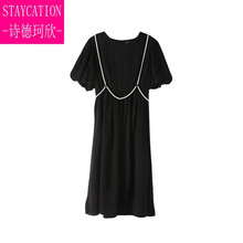【轻奢高档】孕妇泡泡袖连衣裙中长款宽松黑色珍珠链裙子潮妈时尚款夏装长裙子 黑色 M