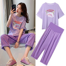 孕妇套装夏季新款时尚短袖T恤夏天薄款阔腿裤套装宽松潮妈两件套夏装 紫色套装 M
