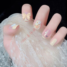 美甲贴片（买一加一）樱花立体蝴蝶结珍珠粉甲片成品穿戴新娘甲甲片美甲平价美女美甲贴片 甜腻奶白 s