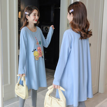敏潮格伦加肥加大码孕妇春装上衣套装时尚款辣妈宽松T恤连衣裙200斤潮 蓝色长袖 L