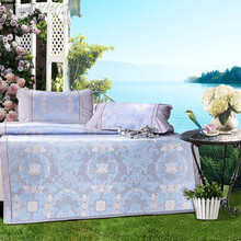 富安娜家纺 凉席冰丝席子空调席三件套 600D粗丝夏季双人可折叠防滑绑带提花席 花影如梦 1米8床 蓝色