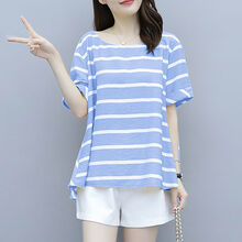 【Evich】网红孕妇装夏装套装2021外出时尚新款韩版夏天夏季休闲潮妈两件套 蓝白条纹【单上衣】 2XL【140-160斤】
