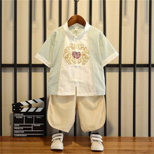 沐兜熊男童汉服夏季周岁礼服棉麻短袖中国风儿童古装男宝宝抓周唐装套装 绿色 90