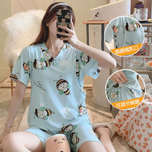 夏季半袖月子服棉孕妇睡衣夏天产后哺乳期喂奶孕妇短袖套装大码 Y221010薄款牛奶棉 XL 建议120-140斤