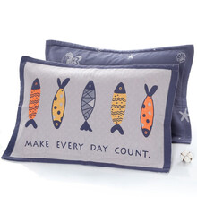 沐凡 枕套全棉一对装枕头套单人用枕芯套成人大号印花忱套家用 枕套-小鱼灰一对