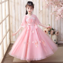 潮无界 汉服女童2021新款夏装古装超仙连衣裙子儿童唐装夏季古风襦裙 牡丹蝶粉色裙 110