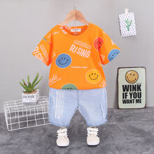 ℂ℘VS EK 儿童装网红童装爆款女3-6-9岁男童夏季薄款短袖两件套儿童半袖休闲套装中小童男孩洋气 桔色 满印笑脸短袖套装 90