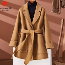 皮尔卡丹新款赫本风双面羊绒大衣女中长款西装领宽松系带小个子羊毛呢外套 驼色 S 115斤内拍