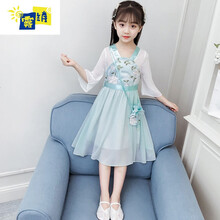 雾绡品牌儿童汉服夏季新款童装女童夏装新款古装汉服连衣裙洋气女孩超仙中大童唐装襦裙G13 浅绿色 981090款 110