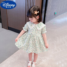 迪士尼ゐ品牌夏天1-8岁13小女孩穿的一周岁宝宝碎花裙子2021年新款女童韩版夏季连衣裙3儿童洋气夏 绿色翻领满花 100cm