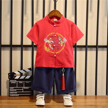 迪士尼(Disney)男童汉服夏季薄款中国风男宝宝女童短袖唐装套装礼服周岁儿童古装 红色 90