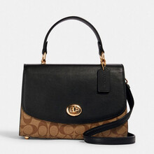 蔻驰 COACH 奢侈品 女士中号单肩手提包卡其色配黑色PVC配皮 76620 IMCBI