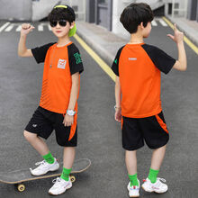 の专柜大牌童装5-9岁15男夏款运动套装特价男童速干衣运动套装夏季中大童短袖洋气两件套篮球服品质保证 橘色两件套 150 码建议身高140厘米