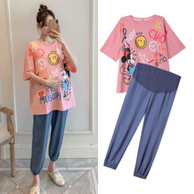 奕雅轩孕妇装夏装套装时尚款宽松短袖上衣夏季孕妈个性外出T恤休闲裤两件套 粉色上衣+托腹裤【套装】 M